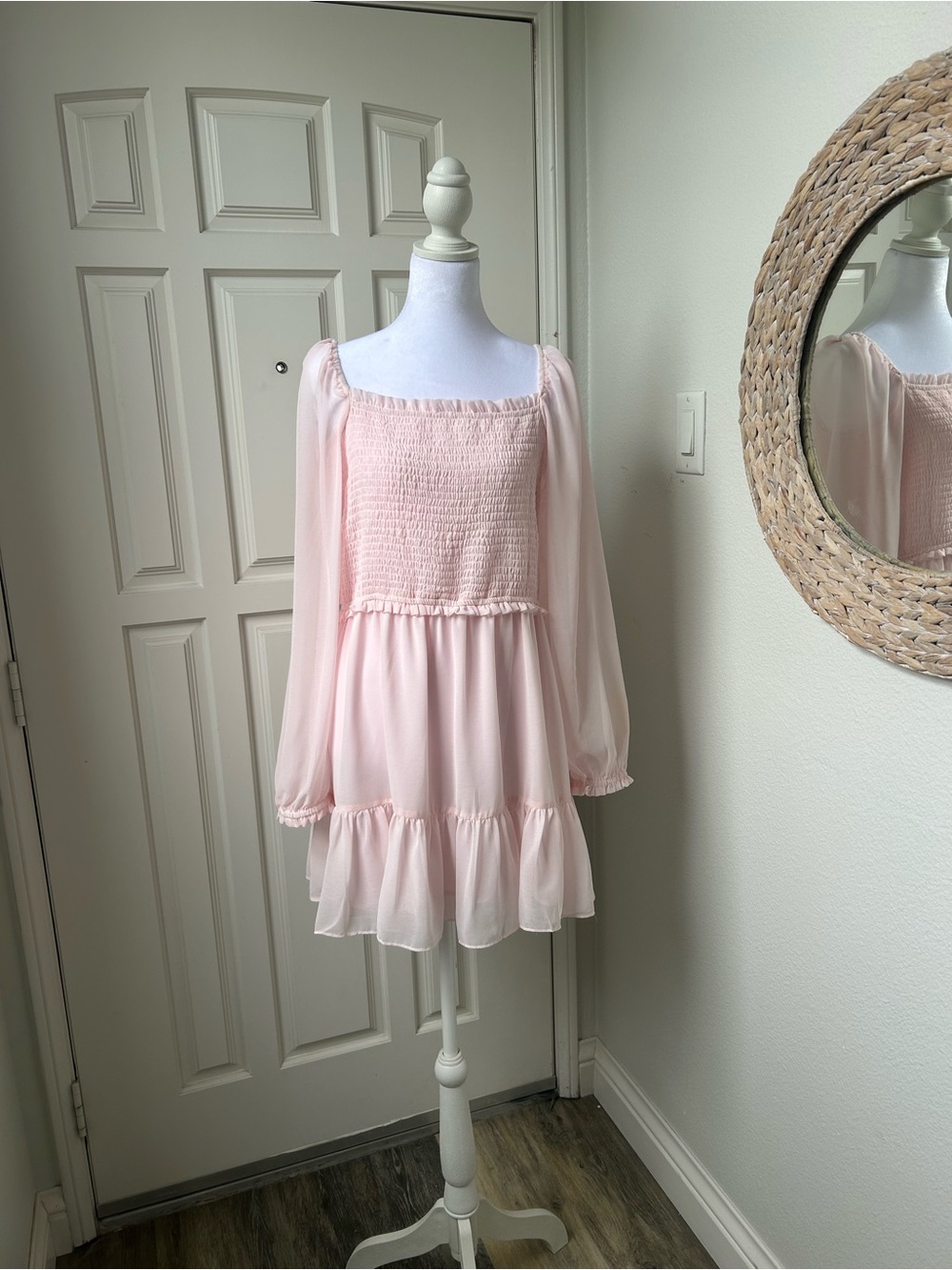 1.STATE Blush Pink Smocked Babydoll Mini Dress Cottagecore Coquette Size L